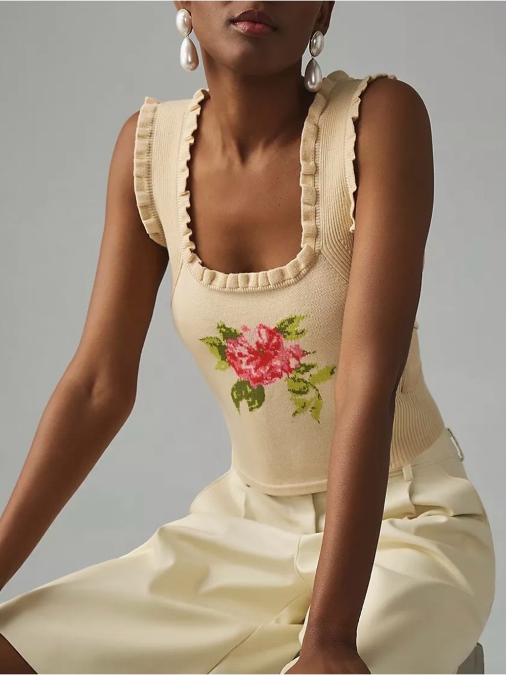 By Anthropologie Bow-Back Sweater Tank Women’s S Tan Feminine Floral design